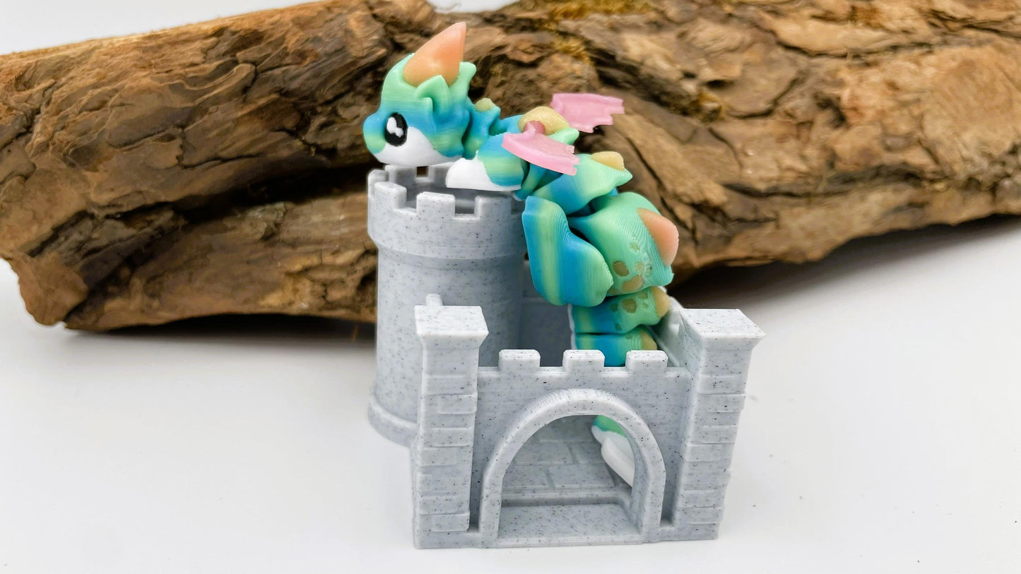 Beweglicher Mini-Drachen – 3D-gedruckt | Optional mit Burg | Nachtleuchtend
