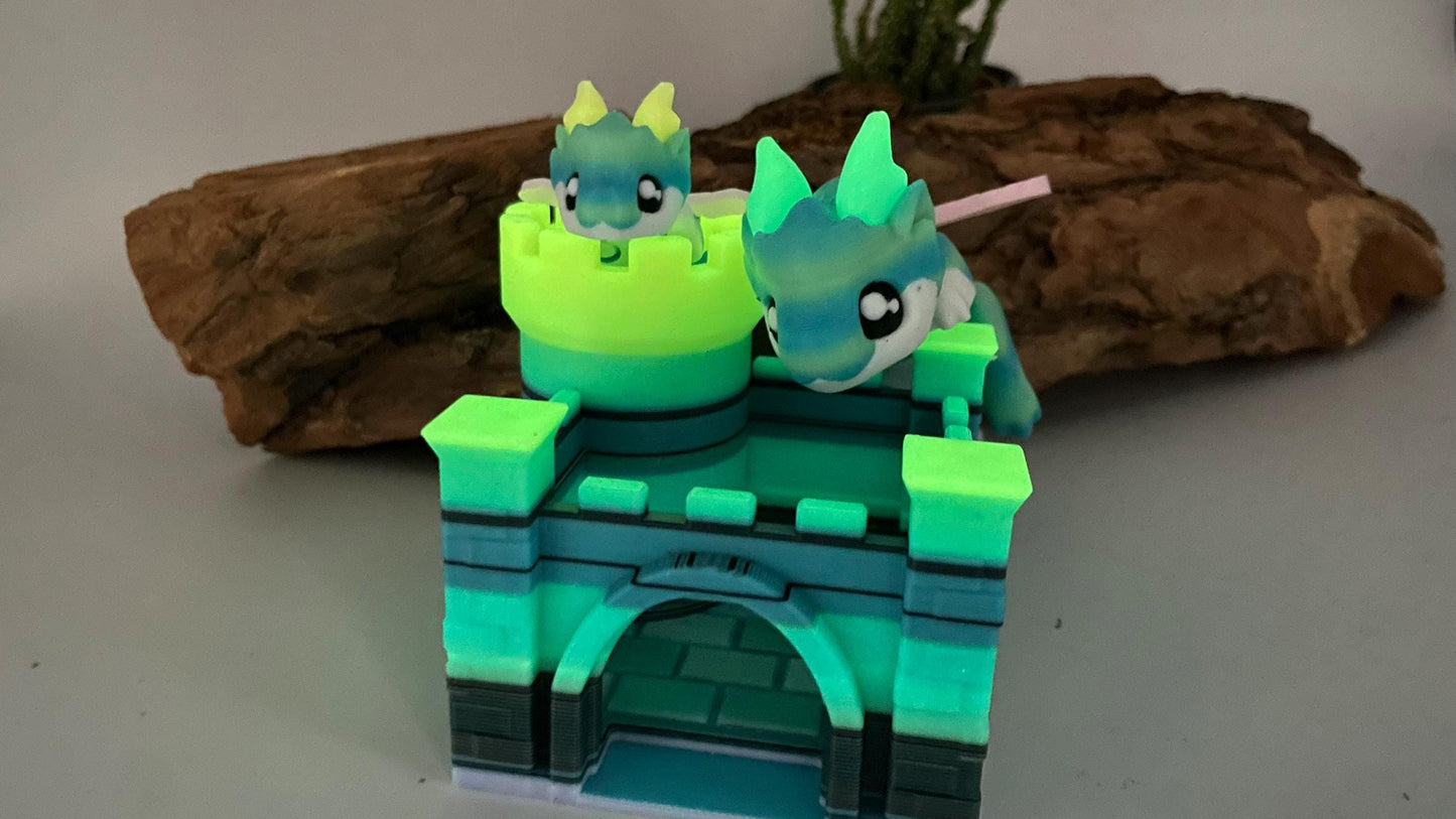 Beweglicher Mini-Drachen – 3D-gedruckt | Optional mit Burg | Nachtleuchtend