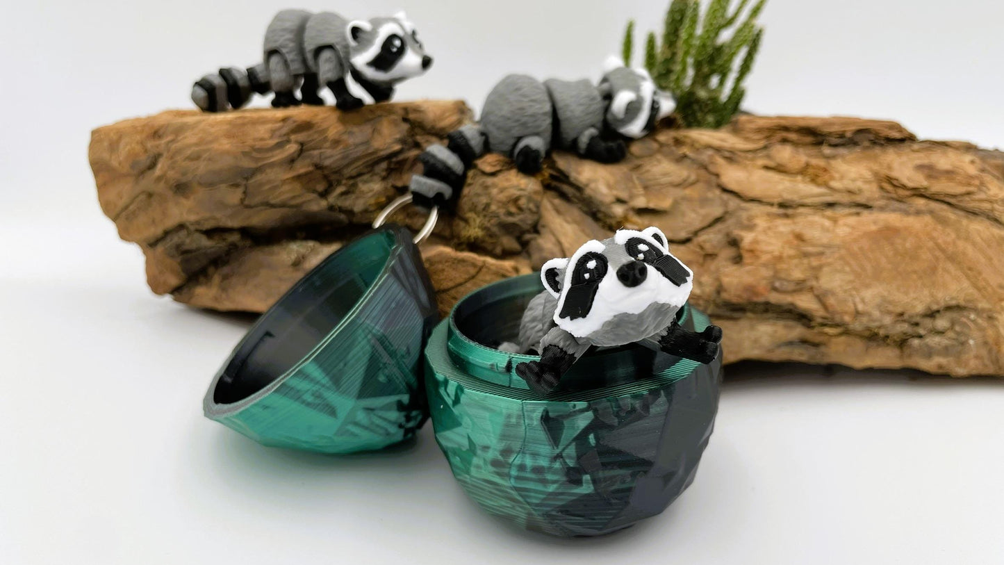 Mini 3D-gedruckter beweglicher Waschbär – optional mit Ei oder als Schlüsselanhänger