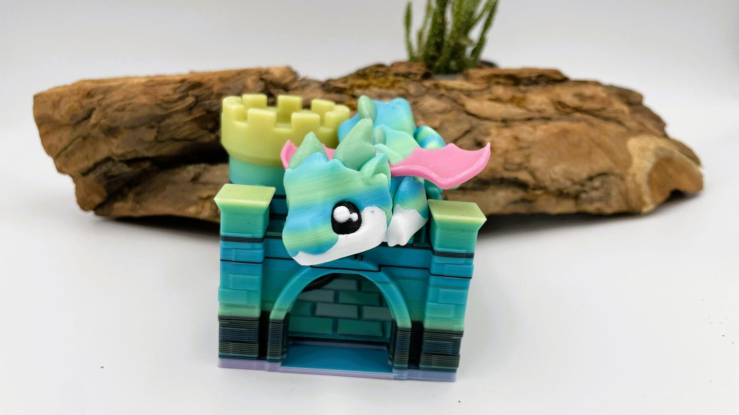 Beweglicher Mini-Drachen – 3D-gedruckt | Optional mit Burg | Nachtleuchtend