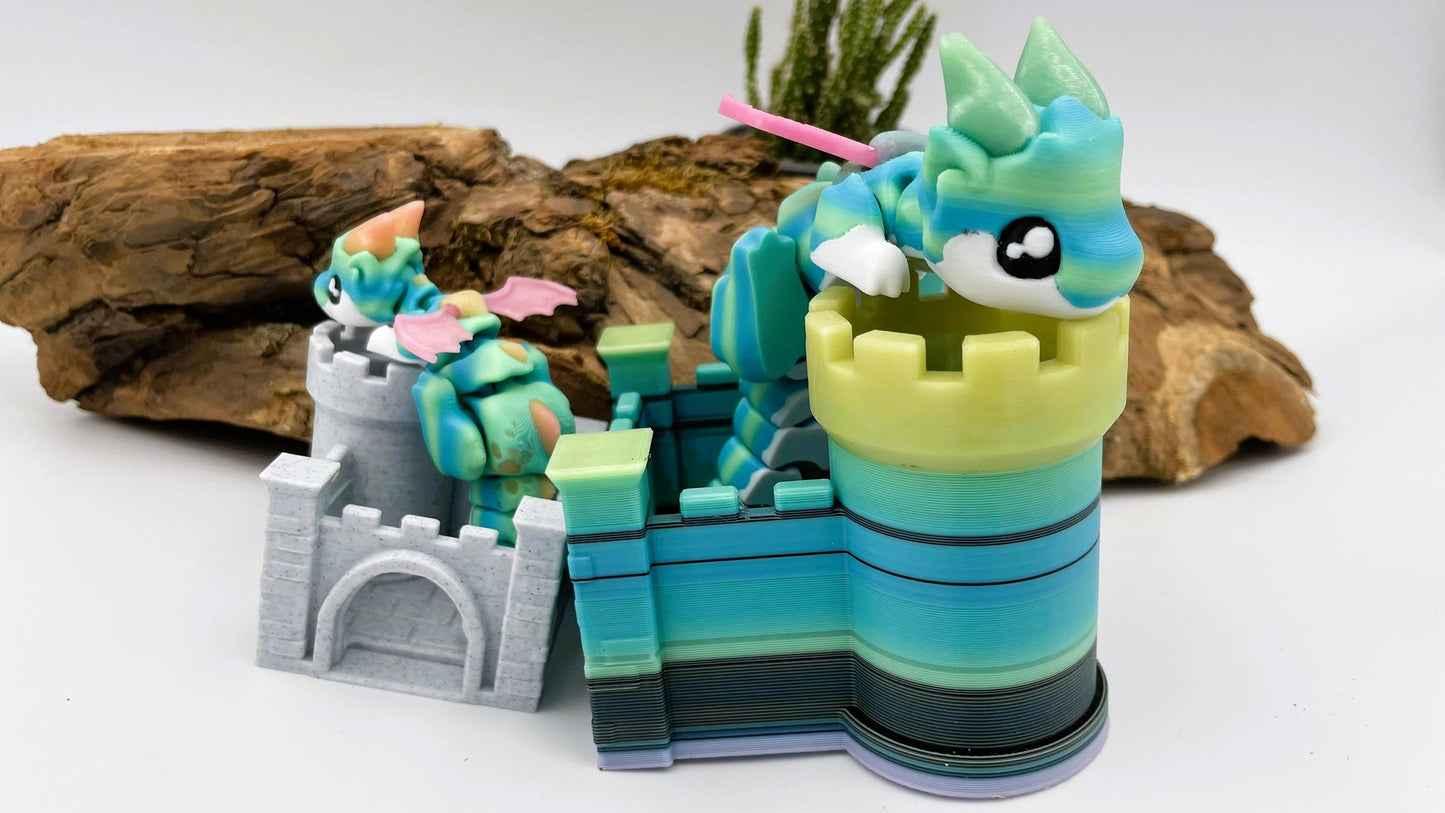 Beweglicher Mini-Drachen – 3D-gedruckt | Optional mit Burg | Nachtleuchtend