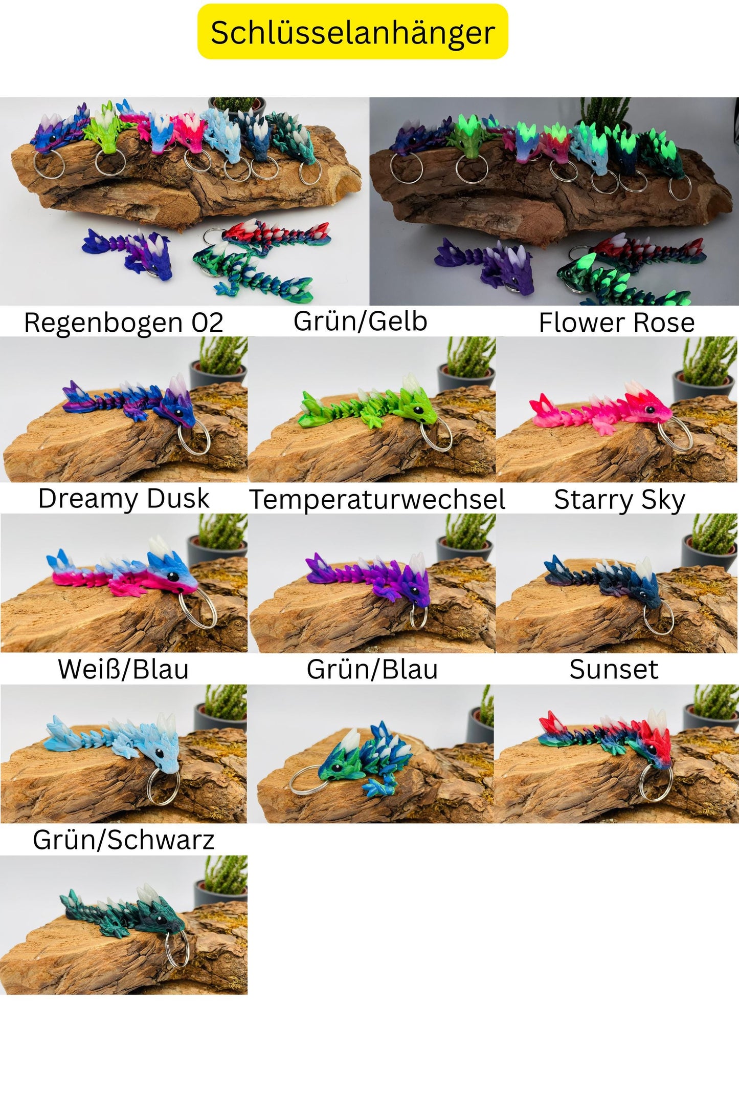 Flexi Edelsteindrachen – Leuchtende 3D-Druck-Schlüsselanhänger in Edelsteinoptik