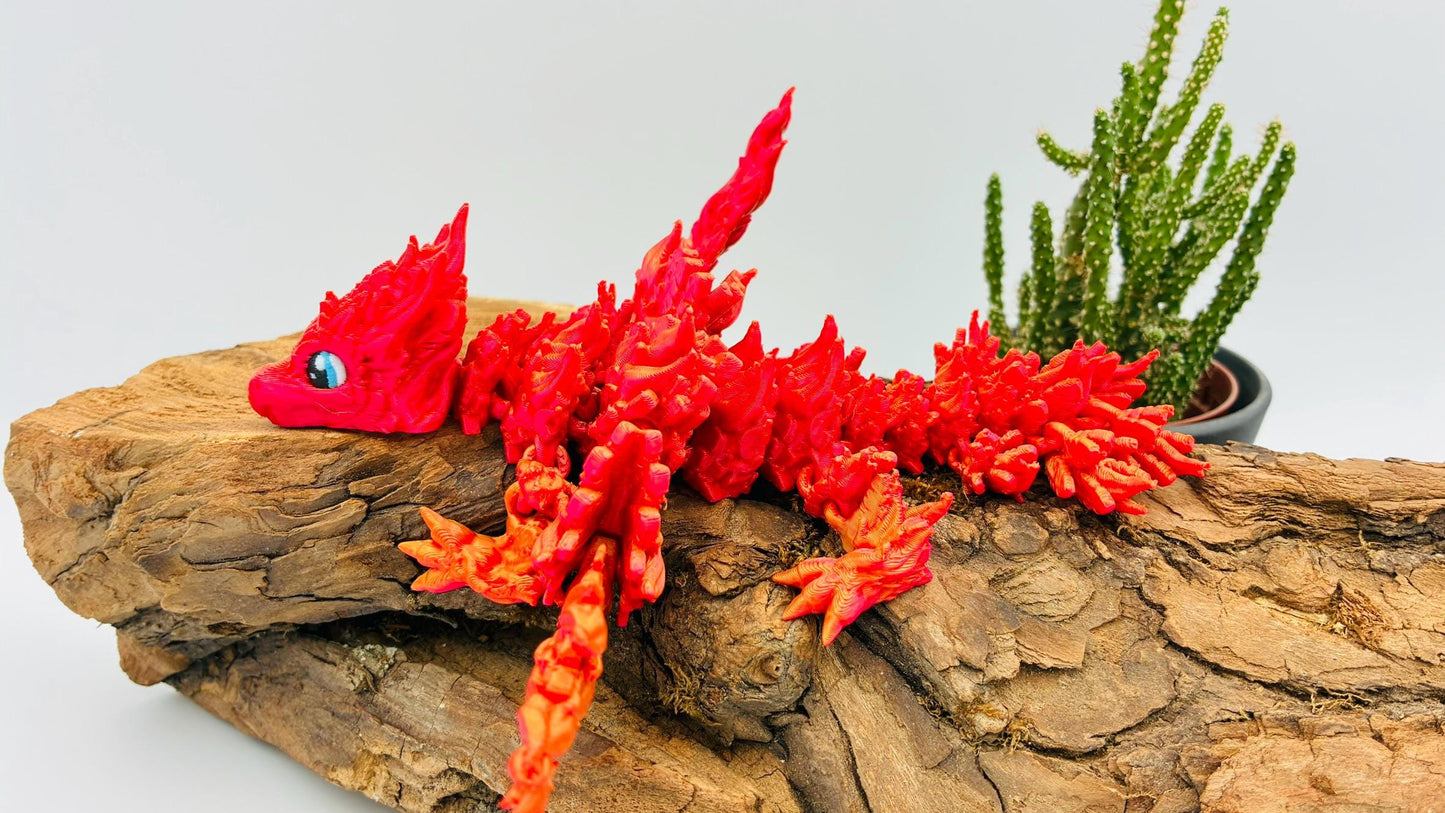 Baby Phönix Drache – 3D-gedruckt | Beweglich | Rot-Gold Farbverlauf | Blaue Augen | Matt oder Glänzend