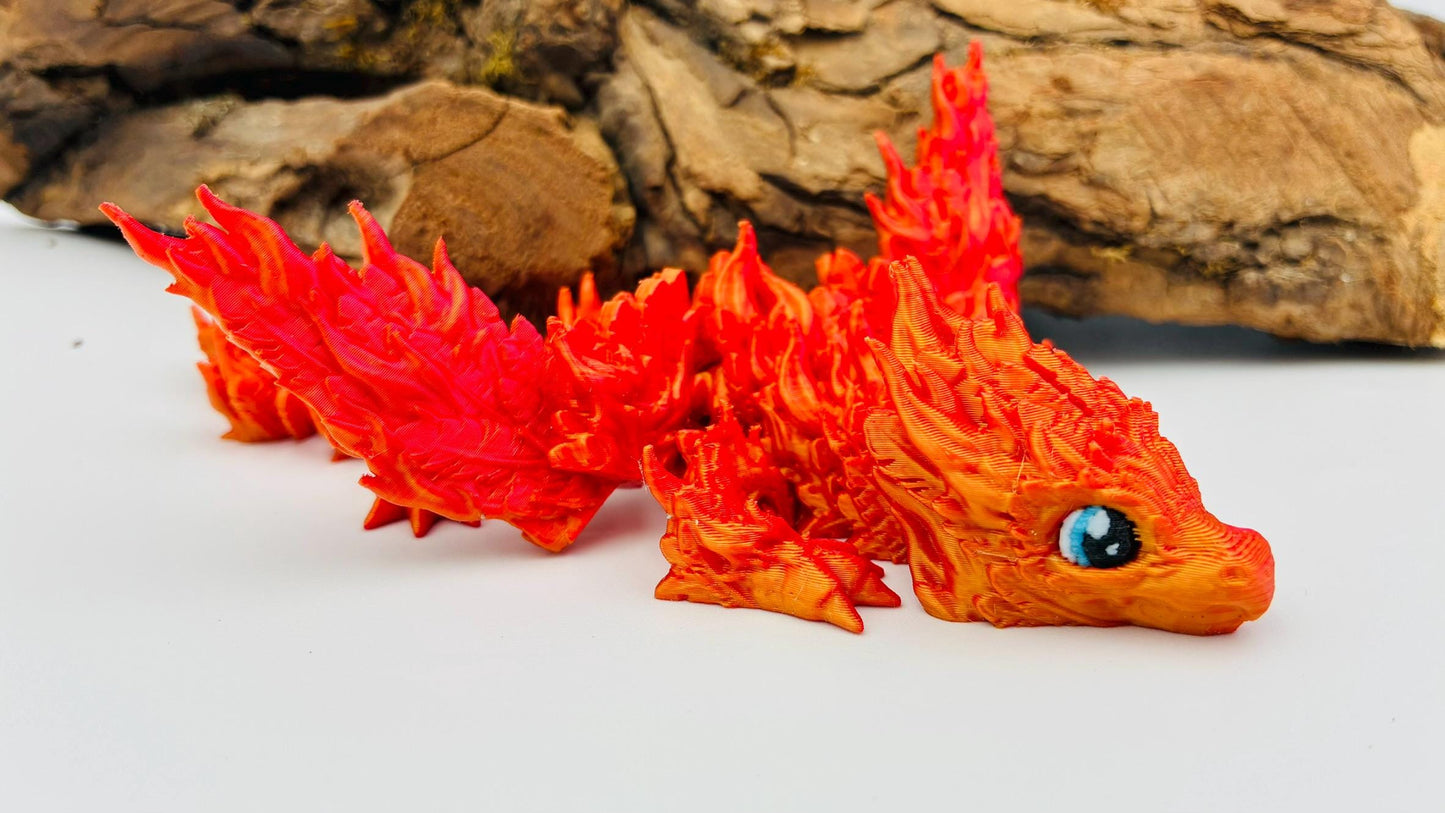 Baby Phönix Drache – 3D-gedruckt | Beweglich | Rot-Gold Farbverlauf | Blaue Augen | Matt oder Glänzend