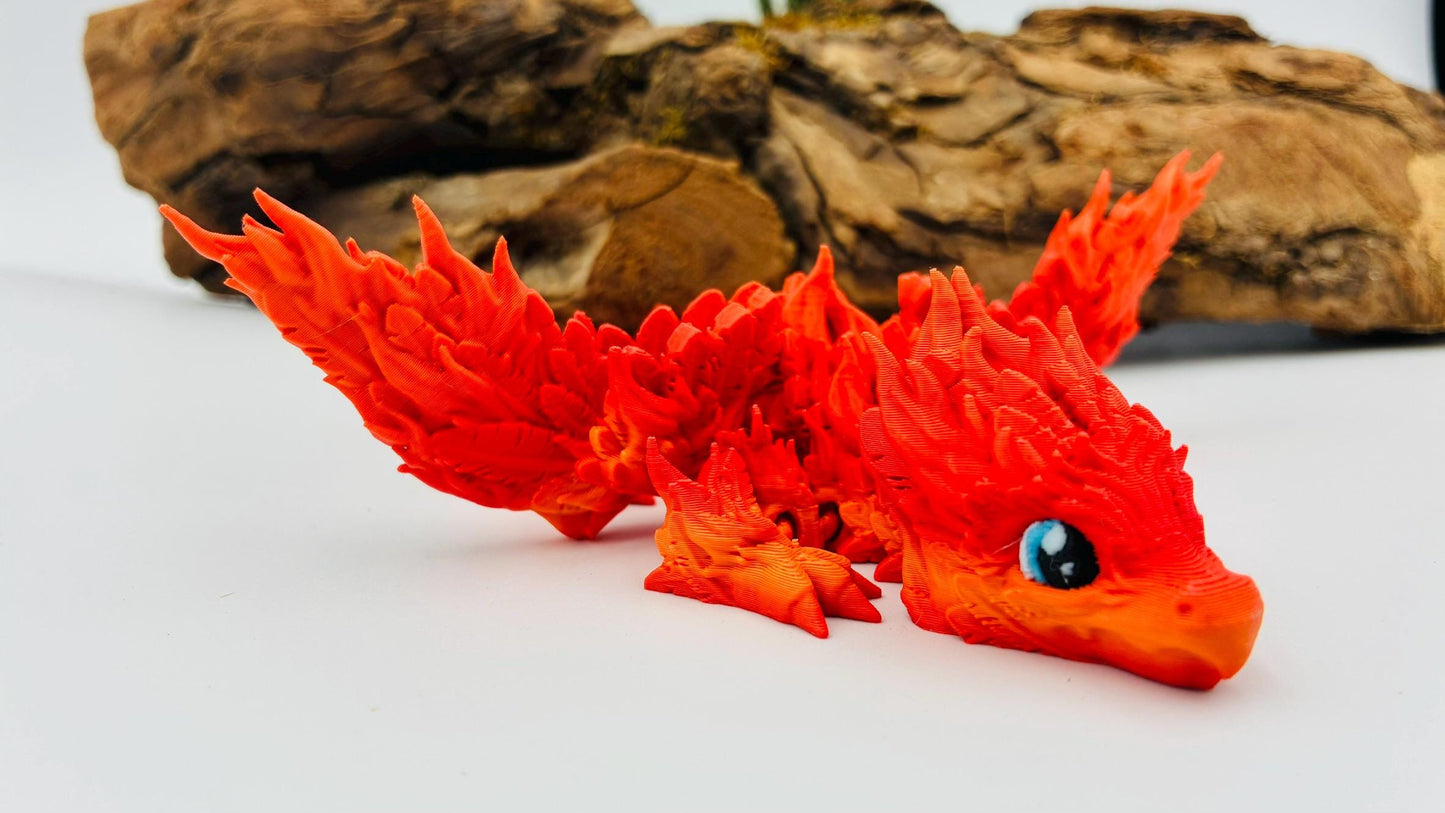 Baby Phönix Drache – 3D-gedruckt | Beweglich | Rot-Gold Farbverlauf | Blaue Augen | Matt oder Glänzend