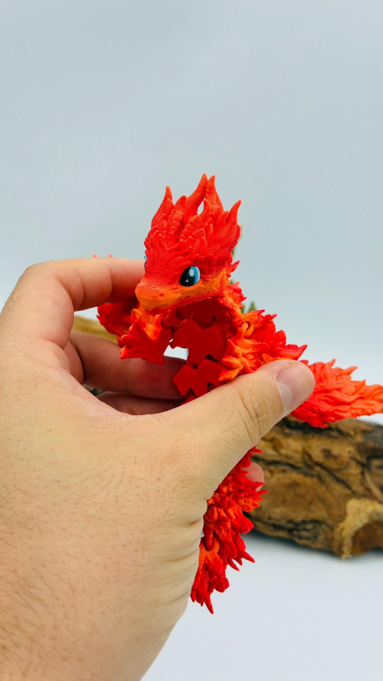 Baby Phönix Drache – 3D-gedruckt | Beweglich | Rot-Gold Farbverlauf | Blaue Augen | Matt oder Glänzend
