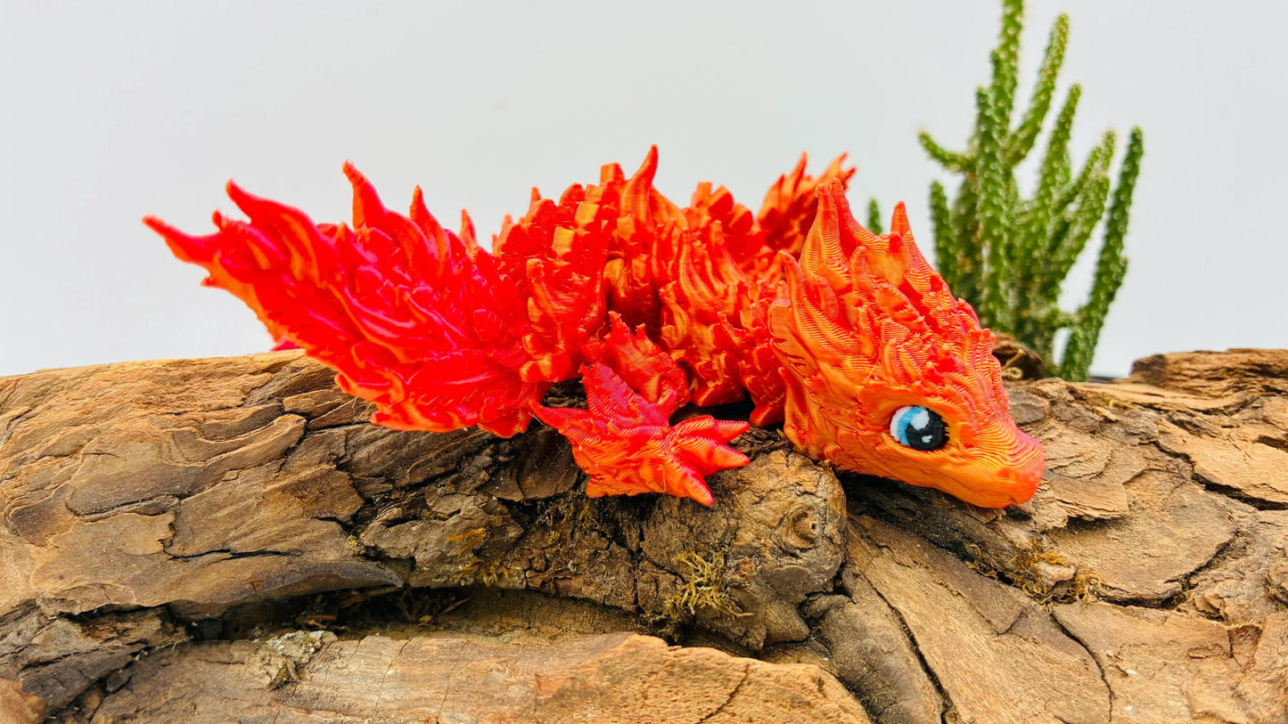 Baby Phönix Drache – 3D-gedruckt | Beweglich | Rot-Gold Farbverlauf | Blaue Augen | Matt oder Glänzend