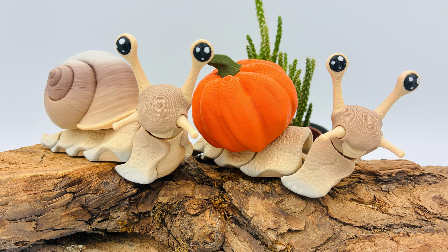 3D-gedruckte Schnecke – beweglich, austauschbares Schneckenhaus (Kürbis/Schädel), Geschenkidee, Herbst- & Halloween-Deko