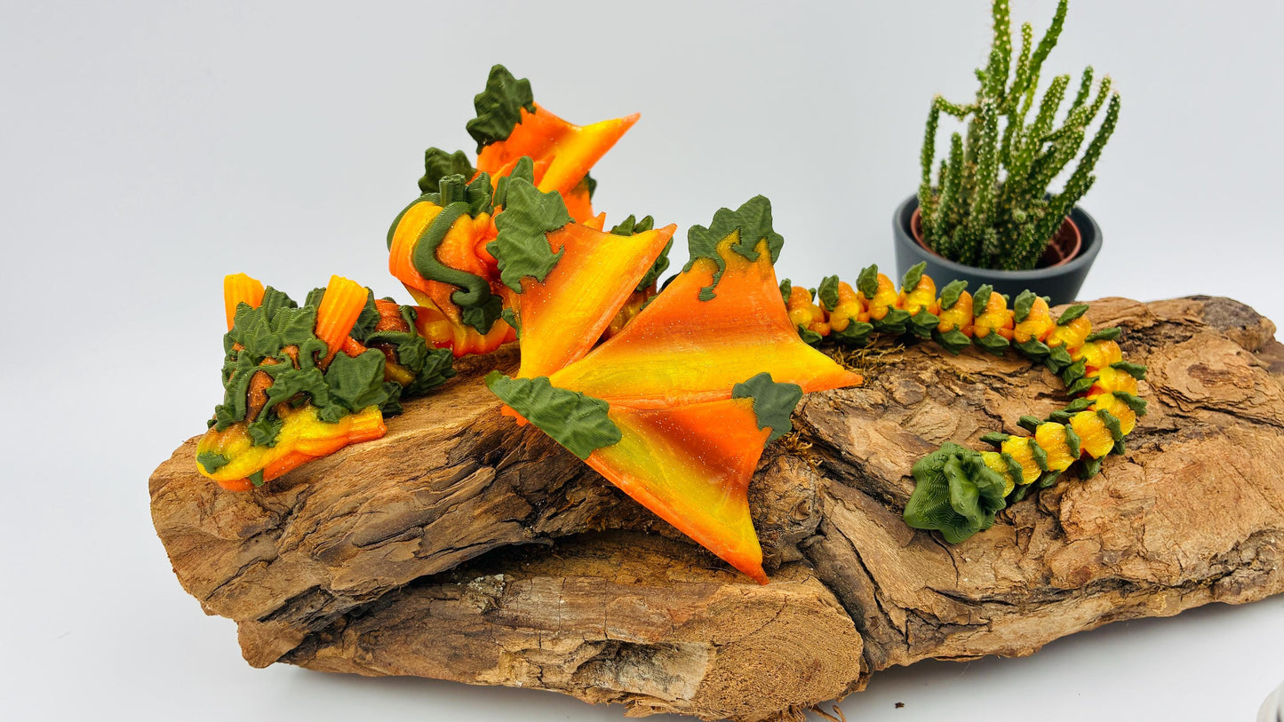 3D-gedruckter beweglicher Kürbisdrache – handgemachte Fantasyfigur, Herbstdeko & Geschenk für Drachenliebhaber