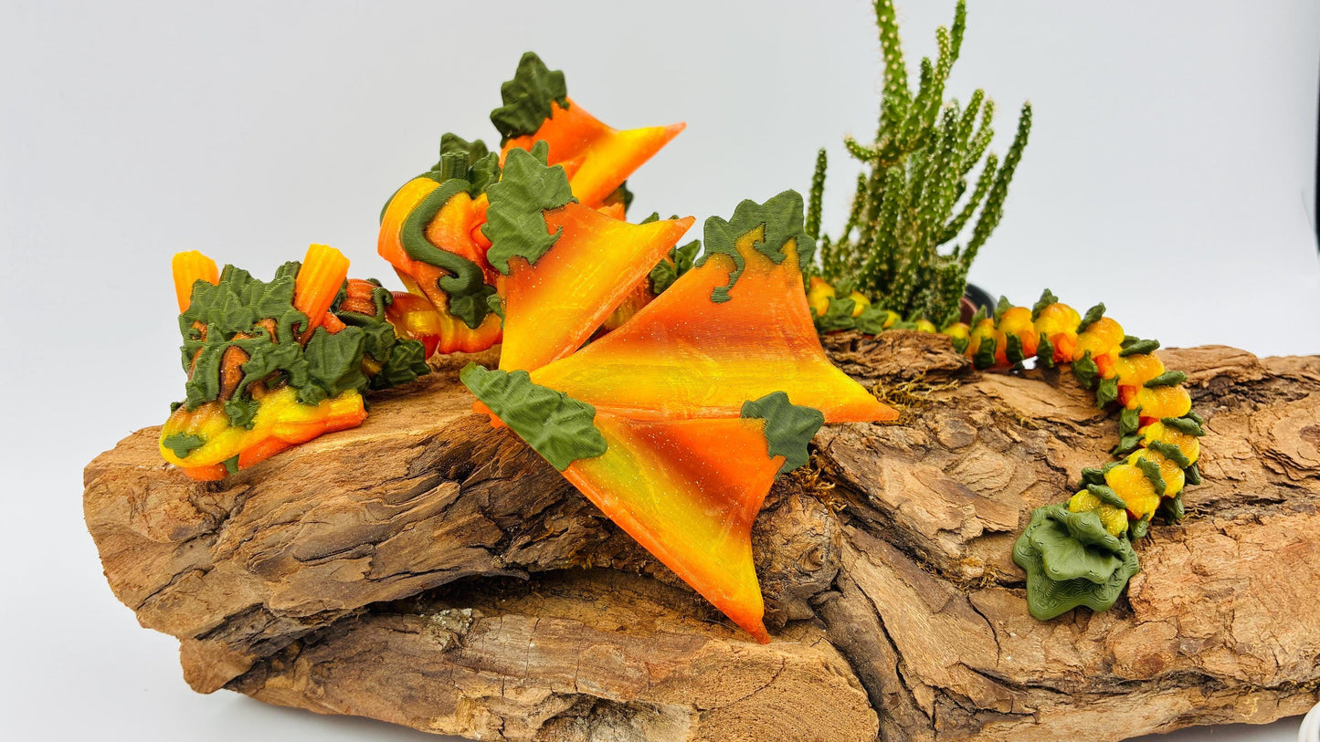 3D-gedruckter beweglicher Kürbisdrache – handgemachte Fantasyfigur, Herbstdeko & Geschenk für Drachenliebhaber