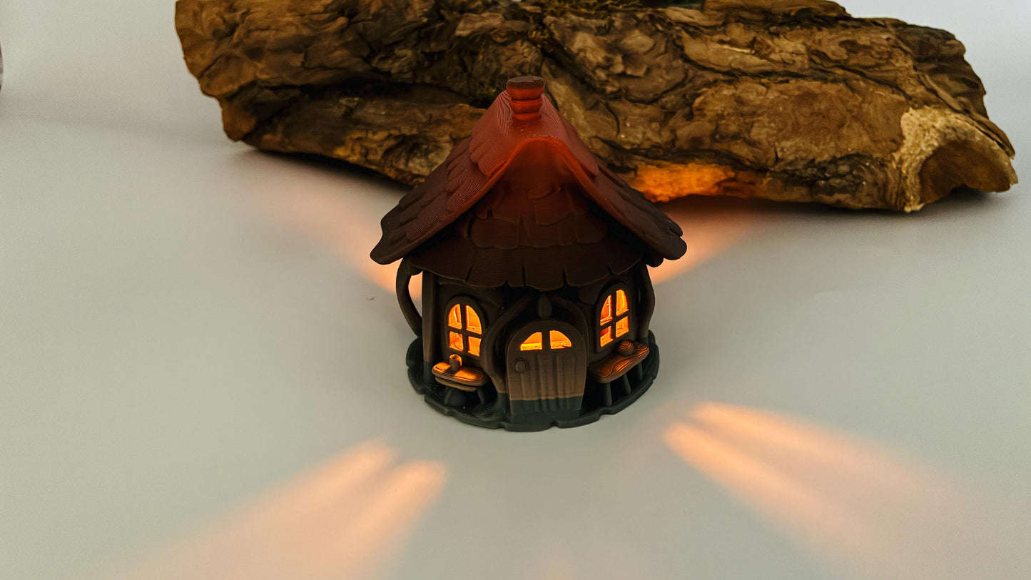 Kleine 3D-gedruckte Hütte mit LED-Teelicht-Halter – magische Miniatur, Fantasy-Deko, Wunschfarbe, Wichtelhaus