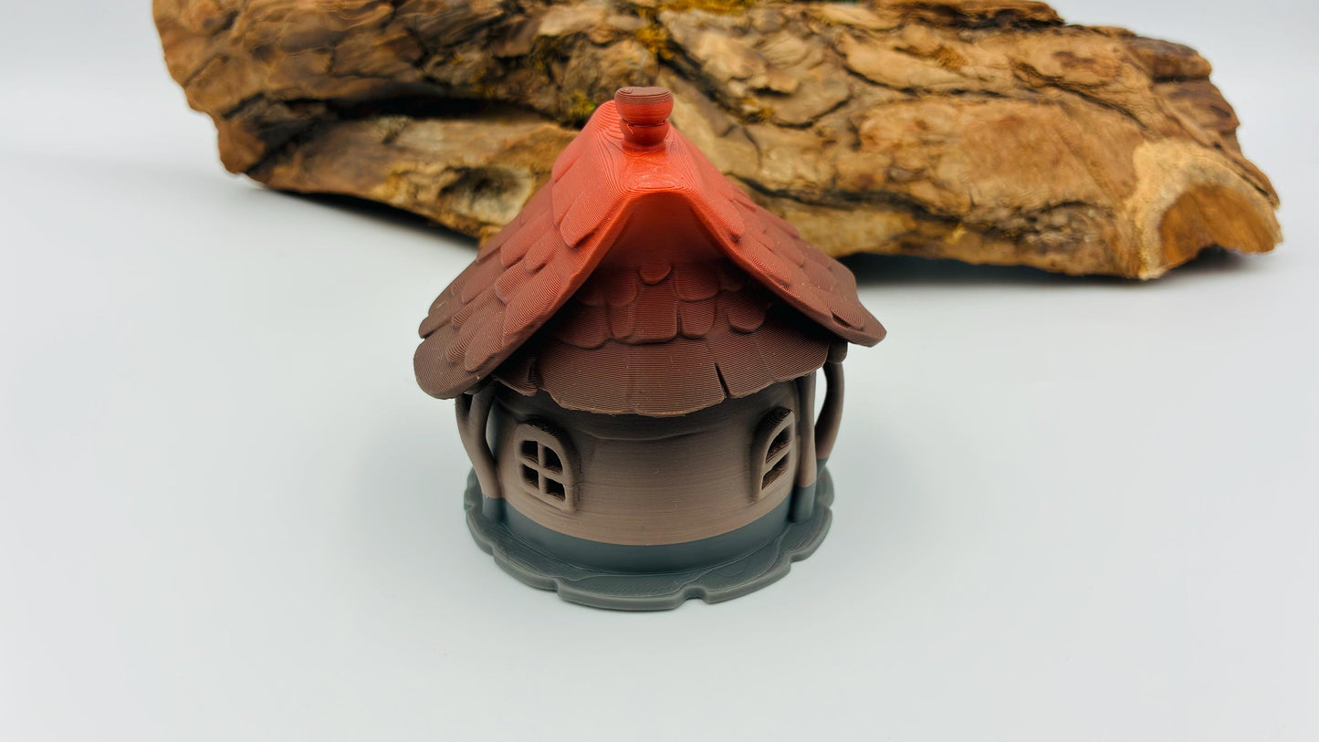 Kleine 3D-gedruckte Hütte mit LED-Teelicht-Halter – magische Miniatur, Fantasy-Deko, Wunschfarbe, Wichtelhaus
