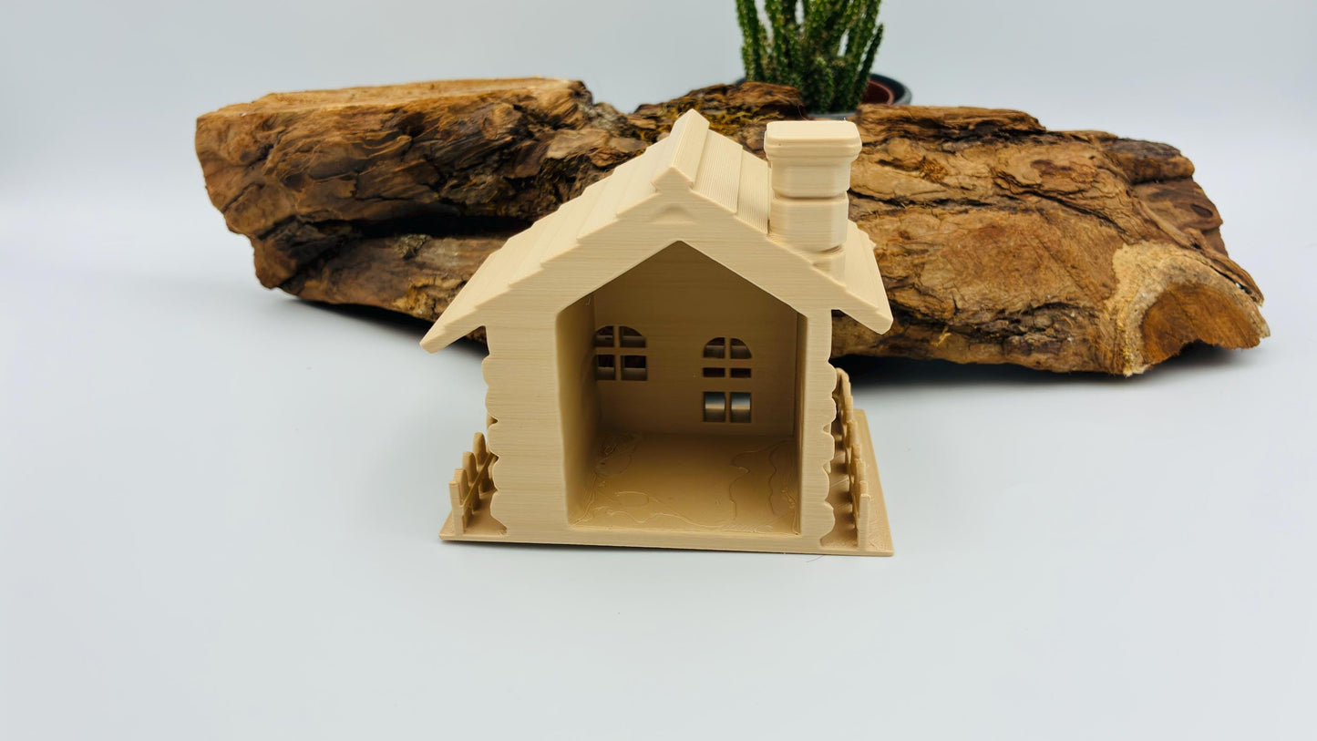 Rustikales 3D-gedrucktes Blockhaus mit LED-Teelicht-Halter – Miniatur Chalet, Wunschfarbe, Wichtelhaus
