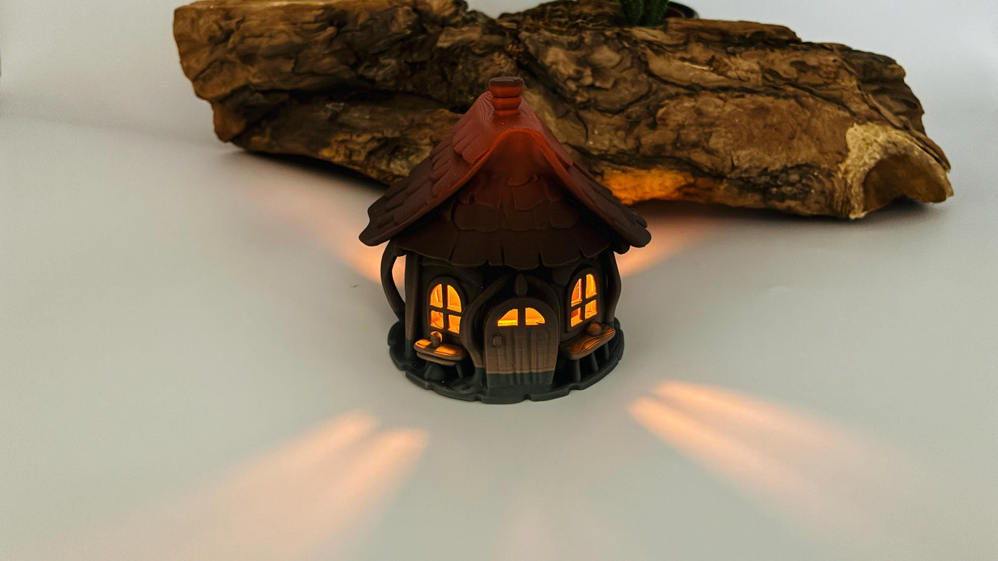 Kleine 3D-gedruckte Hütte mit LED-Teelicht-Halter – magische Miniatur, Fantasy-Deko, Wunschfarbe, Wichtelhaus