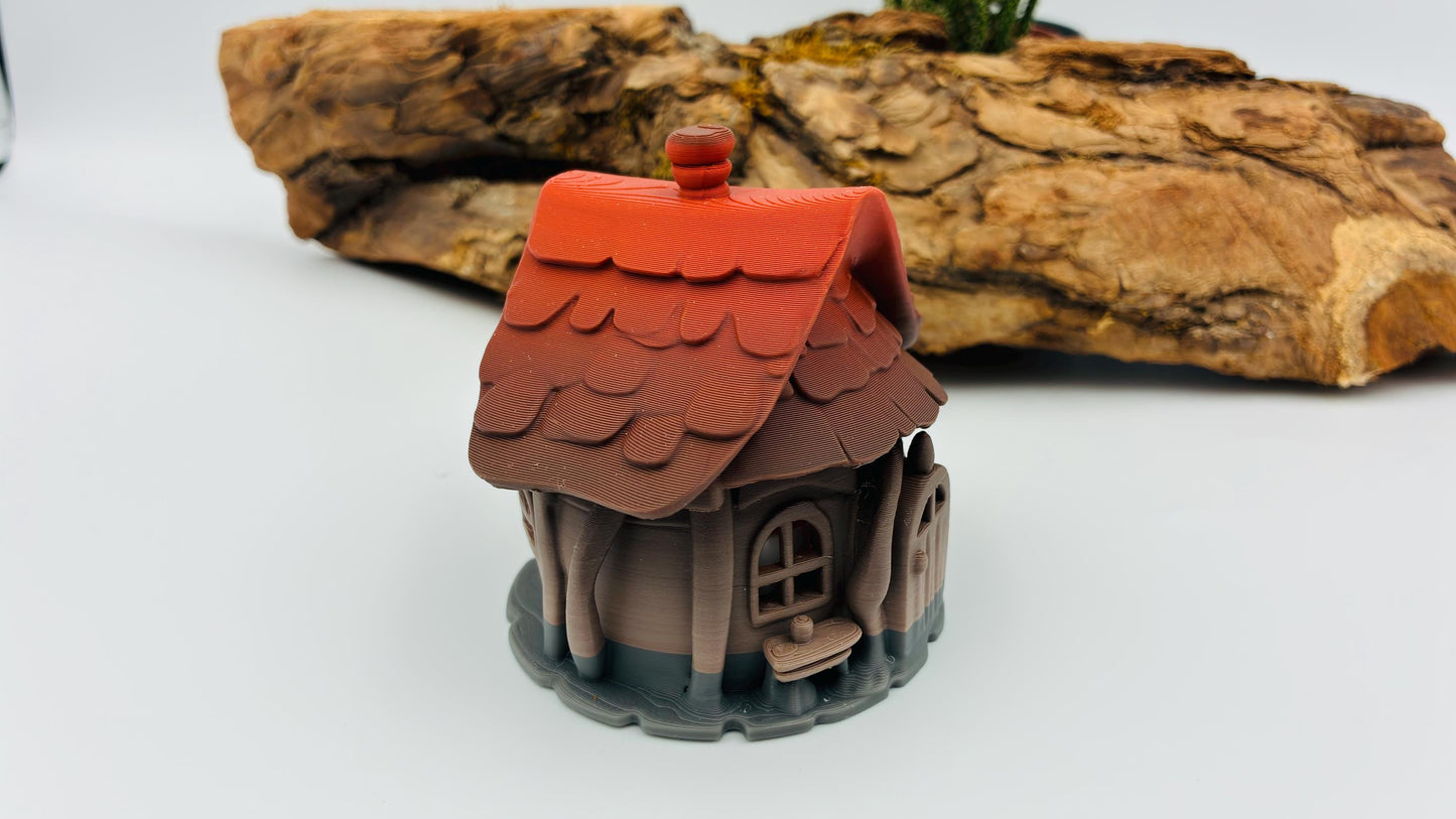 Kleine 3D-gedruckte Hütte mit LED-Teelicht-Halter – magische Miniatur, Fantasy-Deko, Wunschfarbe, Wichtelhaus