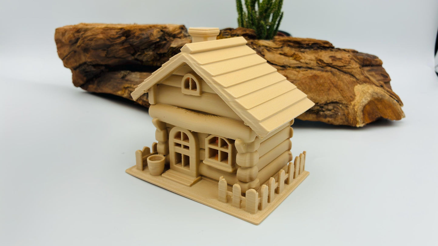 Rustikales 3D-gedrucktes Blockhaus mit LED-Teelicht-Halter – Miniatur Chalet, Wunschfarbe, Wichtelhaus