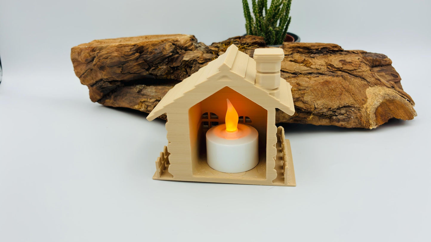 Rustikales 3D-gedrucktes Blockhaus mit LED-Teelicht-Halter – Miniatur Chalet, Wunschfarbe, Wichtelhaus