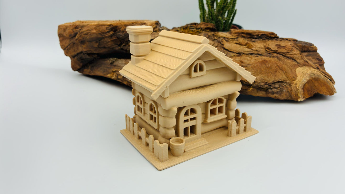 Rustikales 3D-gedrucktes Blockhaus mit LED-Teelicht-Halter – Miniatur Chalet, Wunschfarbe, Wichtelhaus