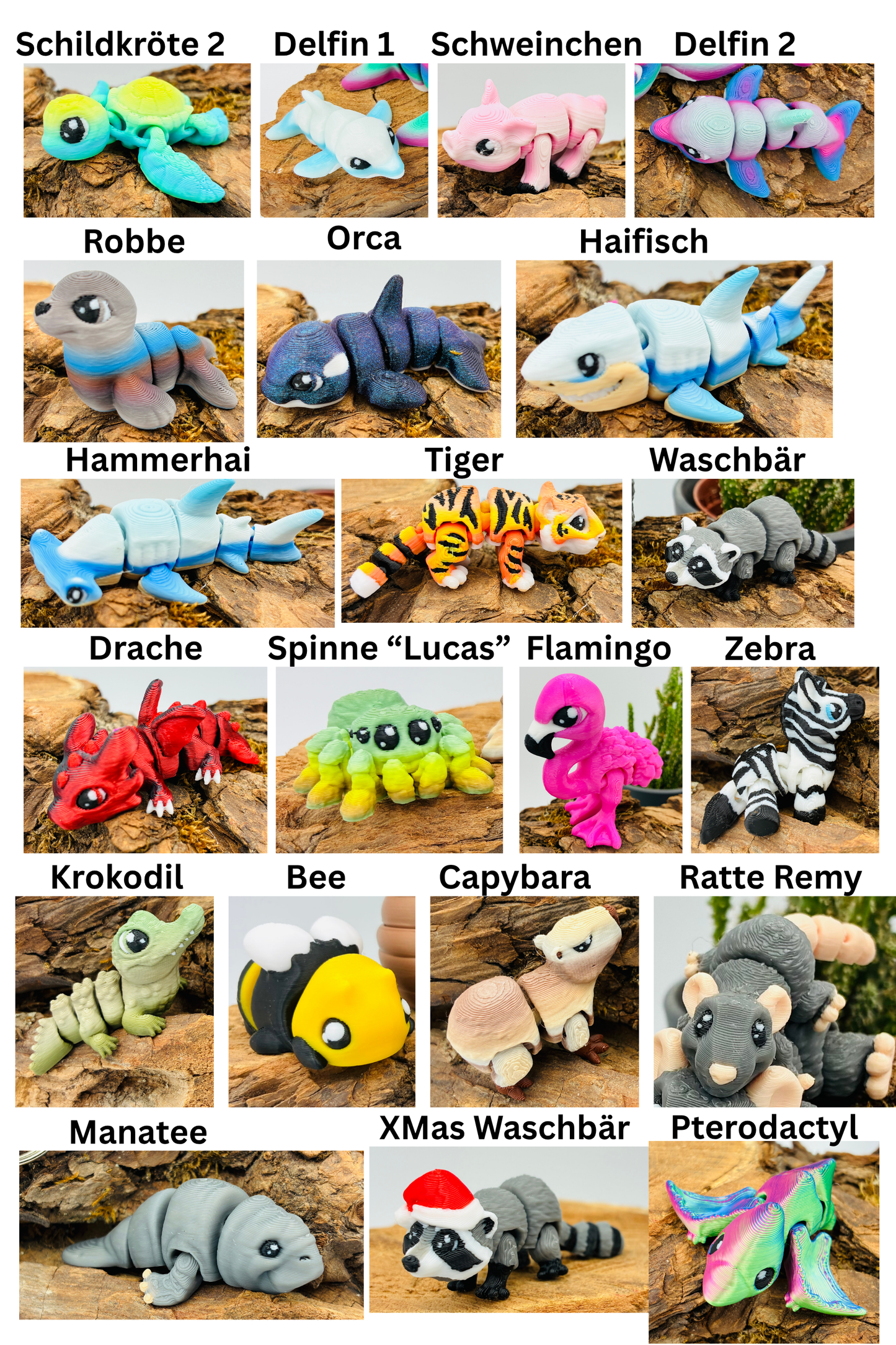 1.) 3D-gedruckte Mini-Tierchen ("Yordelz" 3,5–6,5 cm) – Wähle dein Set oder lass dich überraschen!