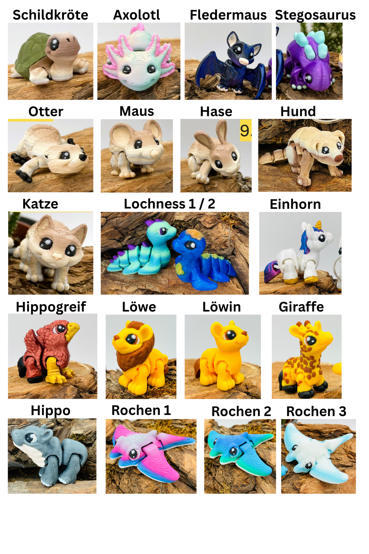 1.) 3D-gedruckte Mini-Tierchen ("Yordelz" 3,5–6,5 cm) – Wähle dein Set oder lass dich überraschen!