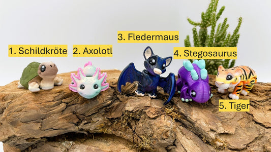 5 bewegliche 3D-gedruckte Mini-Tierchen ("Yordelz" 3,5–6,5 cm) – Wähle dein Set oder lass dich überraschen! Stressbälle Fidget Mini Figuren