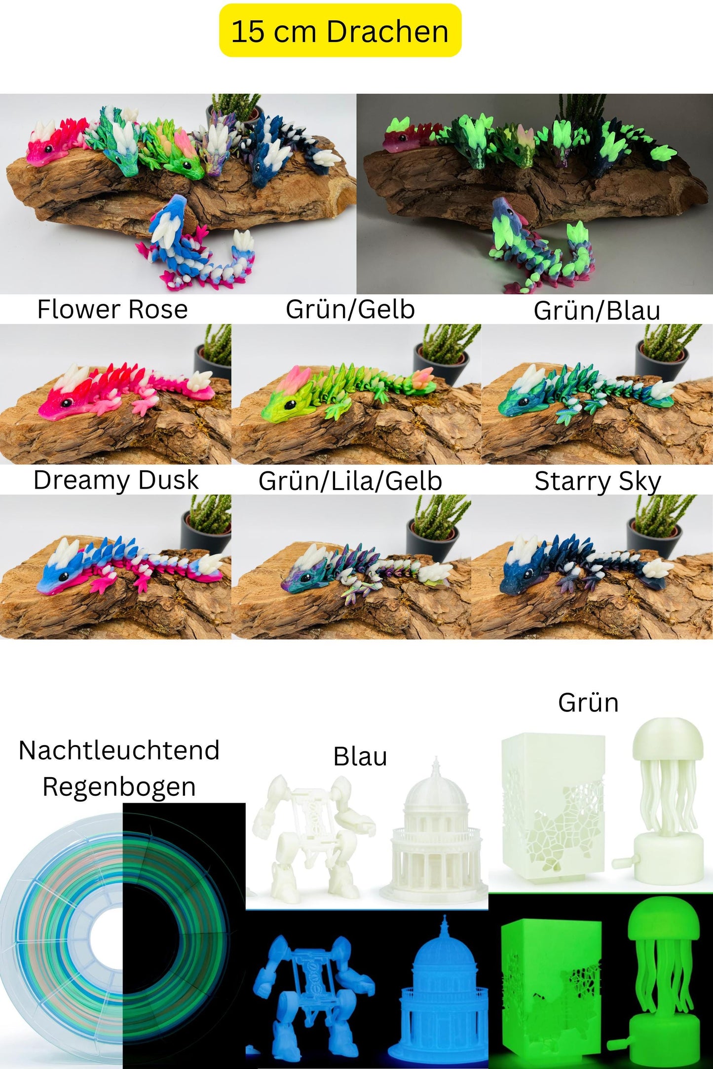 Flexi Edelsteindrachen – Leuchtende 3D-Druck-Schlüsselanhänger in Edelsteinoptik