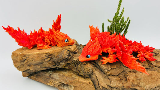 Baby Phönix Drache – 3D-gedruckt | Beweglich | Rot-Gold Farbverlauf | Blaue Augen | Matt oder Glänzend