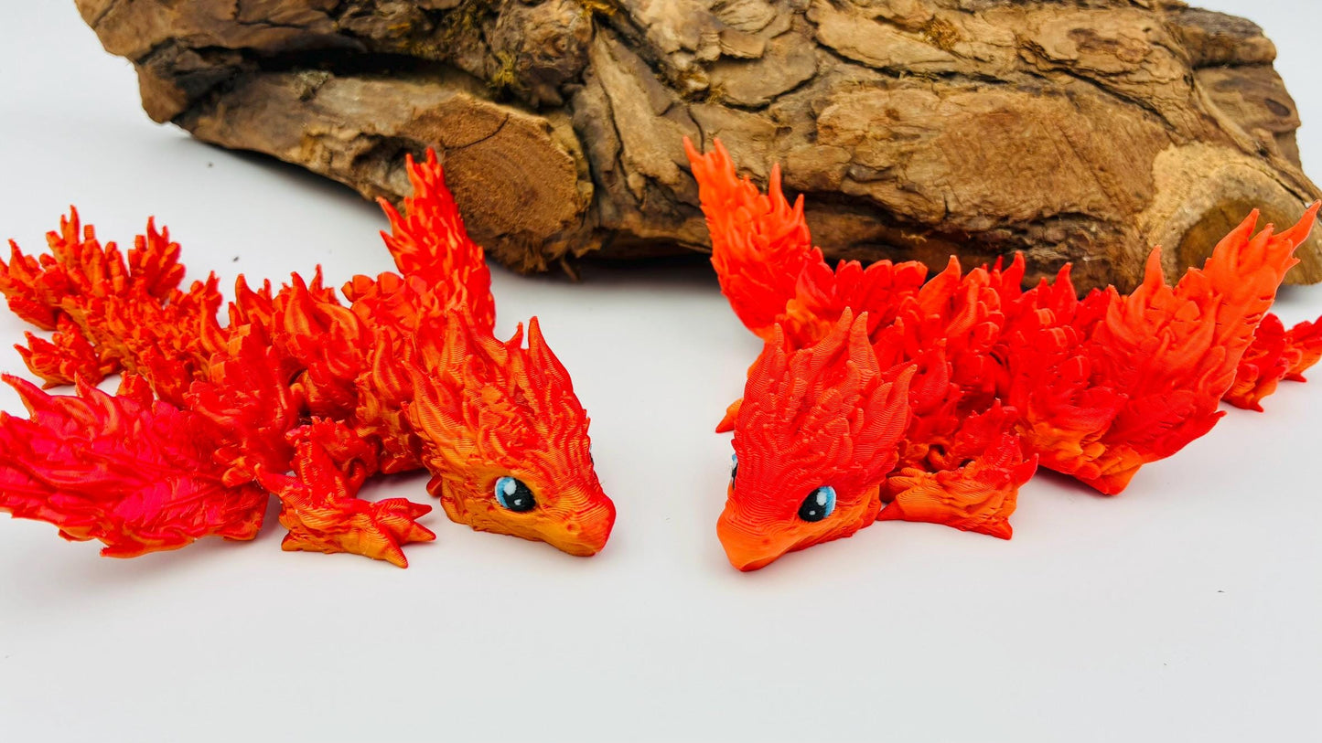 Baby Phönix Drache – 3D-gedruckt | Beweglich | Rot-Gold Farbverlauf | Blaue Augen | Matt oder Glänzend