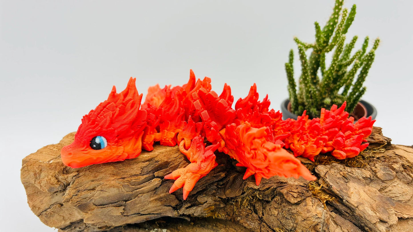 Baby Phönix Drache – 3D-gedruckt | Beweglich | Rot-Gold Farbverlauf | Blaue Augen | Matt oder Glänzend