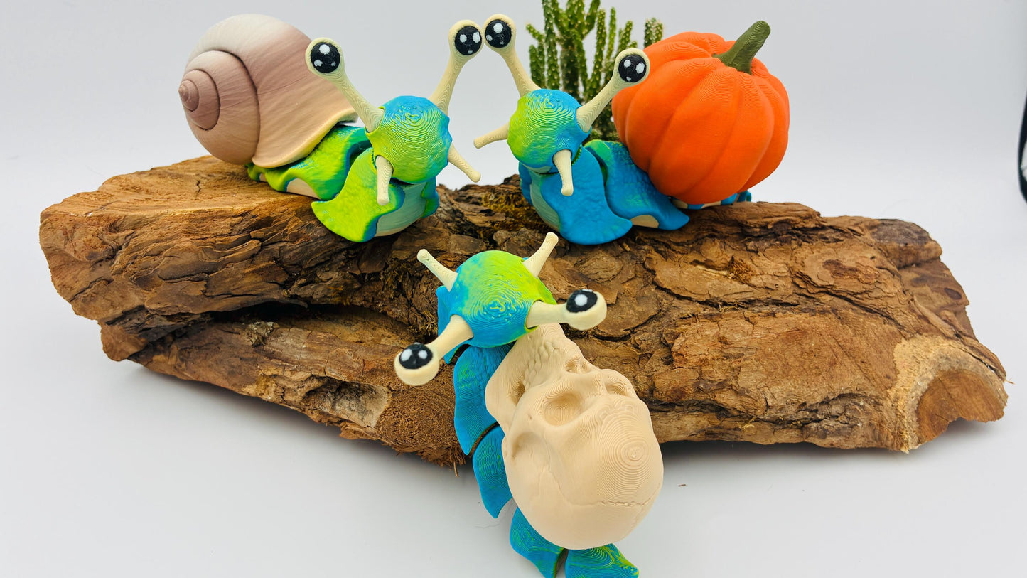 3D-gedruckte Schnecke – beweglich, austauschbares Schneckenhaus (Kürbis/Schädel), Geschenkidee, Herbst- & Halloween-Deko
