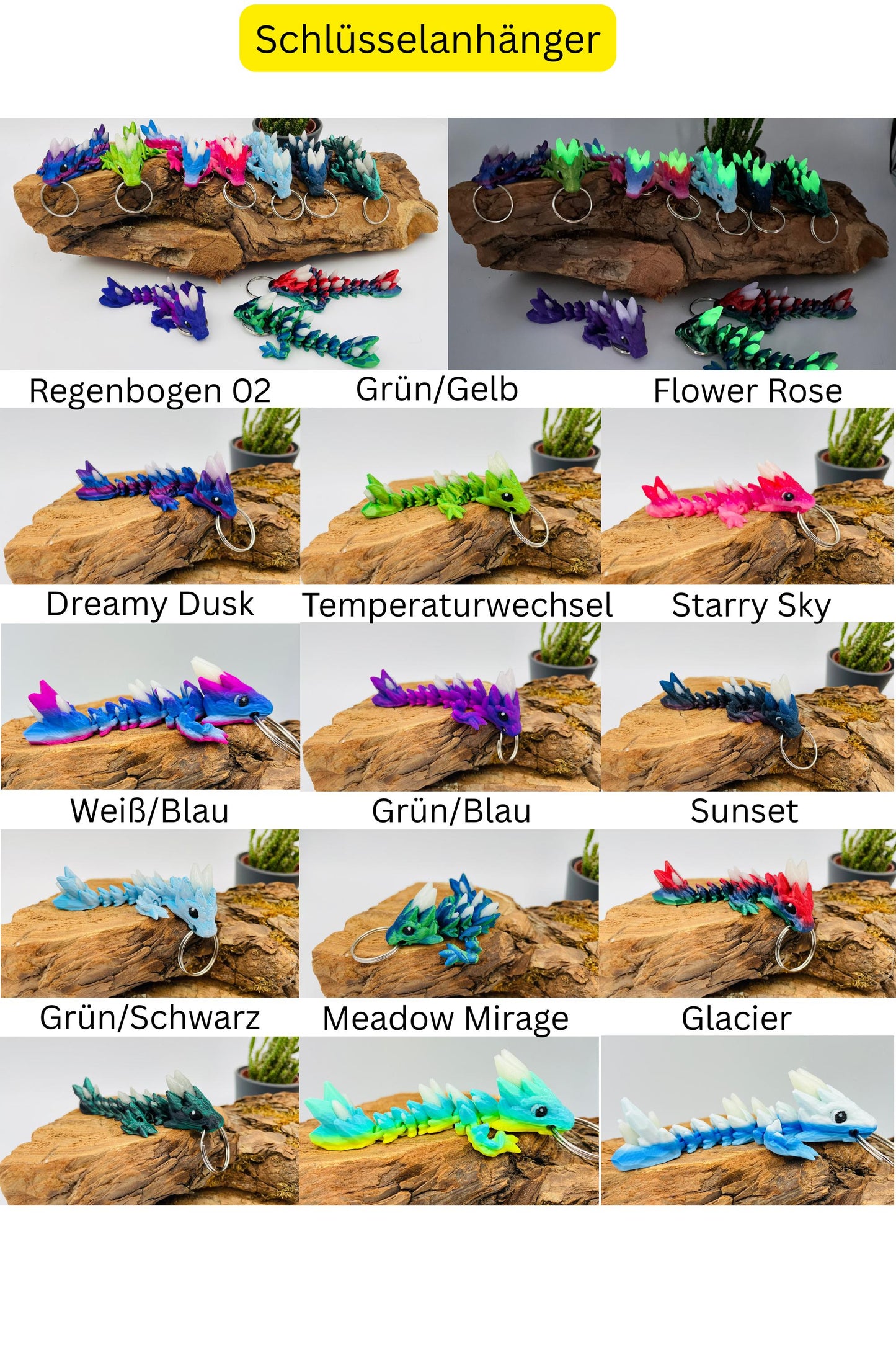 Flexi Edelsteindrachen – Leuchtende 3D-Druck-Schlüsselanhänger in Edelsteinoptik