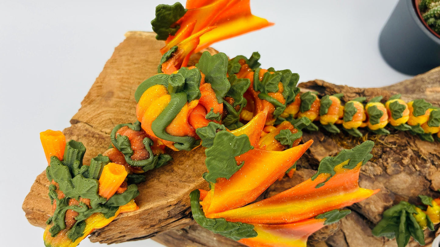 3D-gedruckter beweglicher Kürbisdrache – handgemachte Fantasyfigur, Herbstdeko & Geschenk für Drachenliebhaber