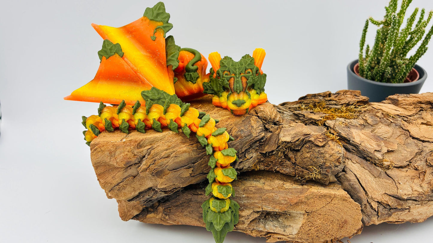 3D-gedruckter beweglicher Kürbisdrache – handgemachte Fantasyfigur, Herbstdeko & Geschenk für Drachenliebhaber