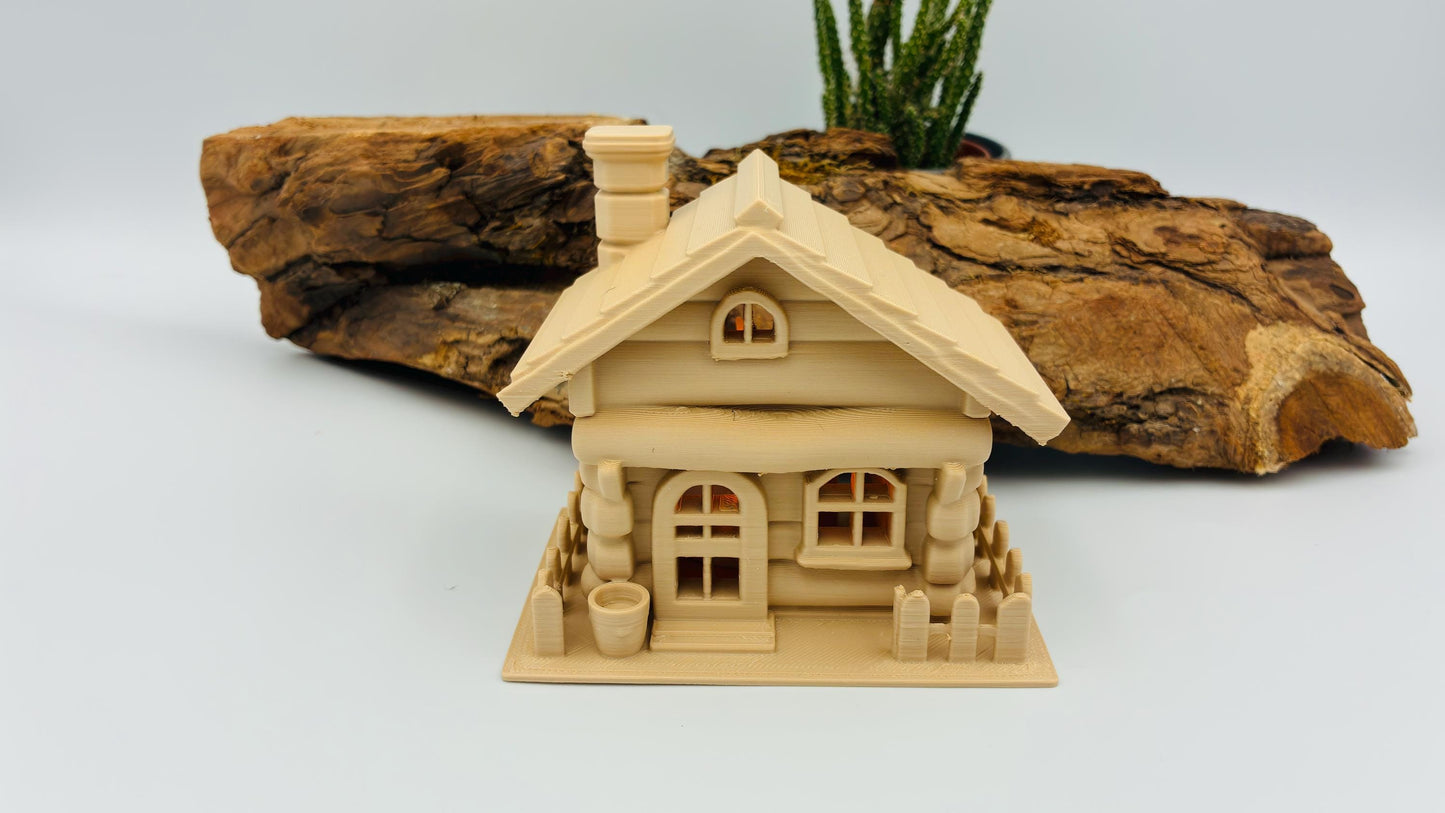 Rustikales 3D-gedrucktes Blockhaus mit LED-Teelicht-Halter – Miniatur Chalet, Wunschfarbe, Wichtelhaus