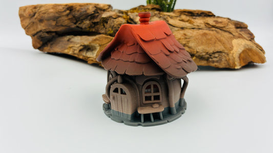 Kleine 3D-gedruckte Hütte mit LED-Teelicht-Halter – magische Miniatur, Fantasy-Deko, Wunschfarbe, Wichtelhaus