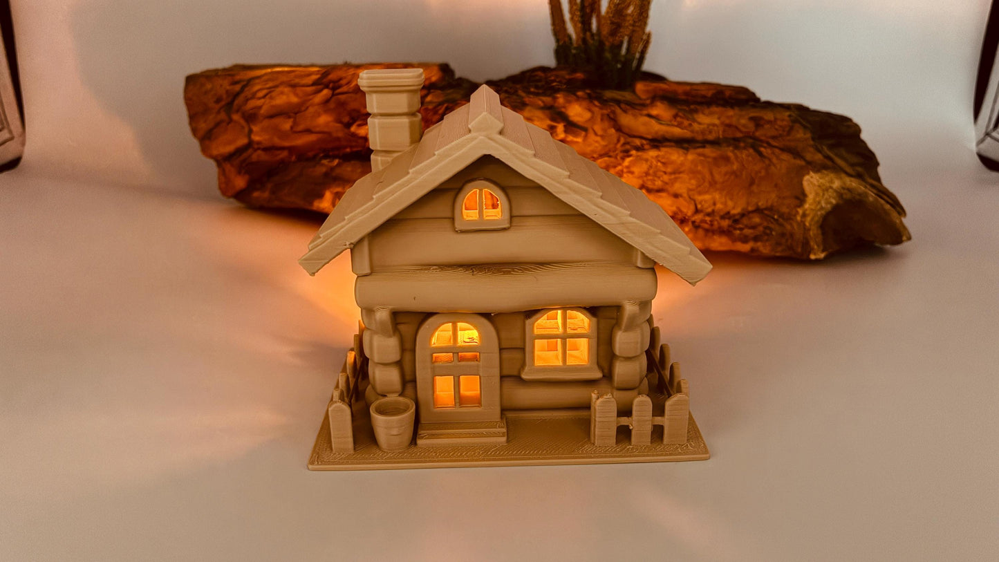 Rustikales 3D-gedrucktes Blockhaus mit LED-Teelicht-Halter – Miniatur Chalet, Wunschfarbe, Wichtelhaus
