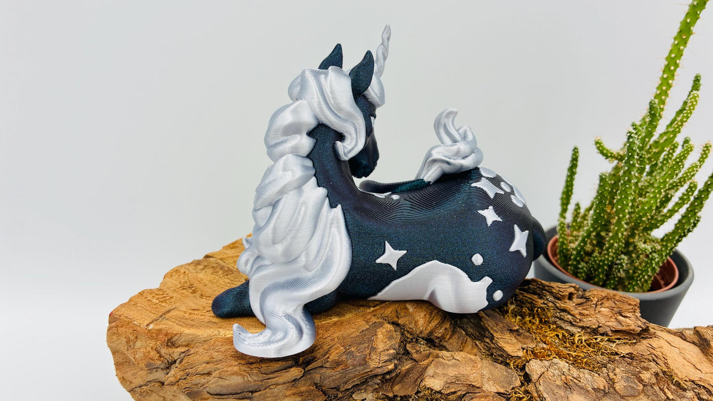 Twilight Einhorn – 3D Stiftehalter & Tischdeko | Mystisch blau/lila Glitzer | Regenbogenfarben für Kinder