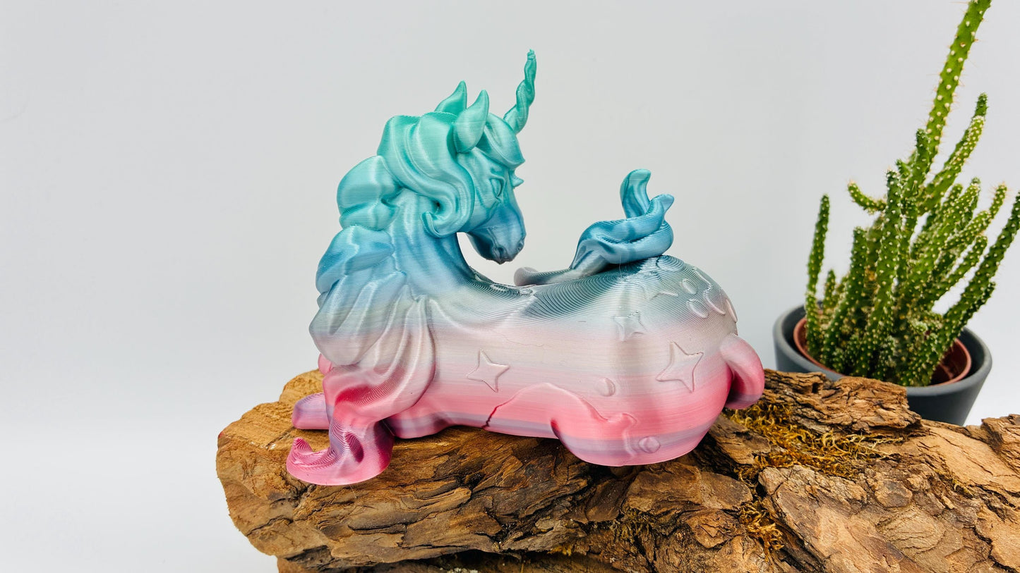 Twilight Einhorn – 3D Stiftehalter & Tischdeko | Mystisch blau/lila Glitzer | Regenbogenfarben für Kinder