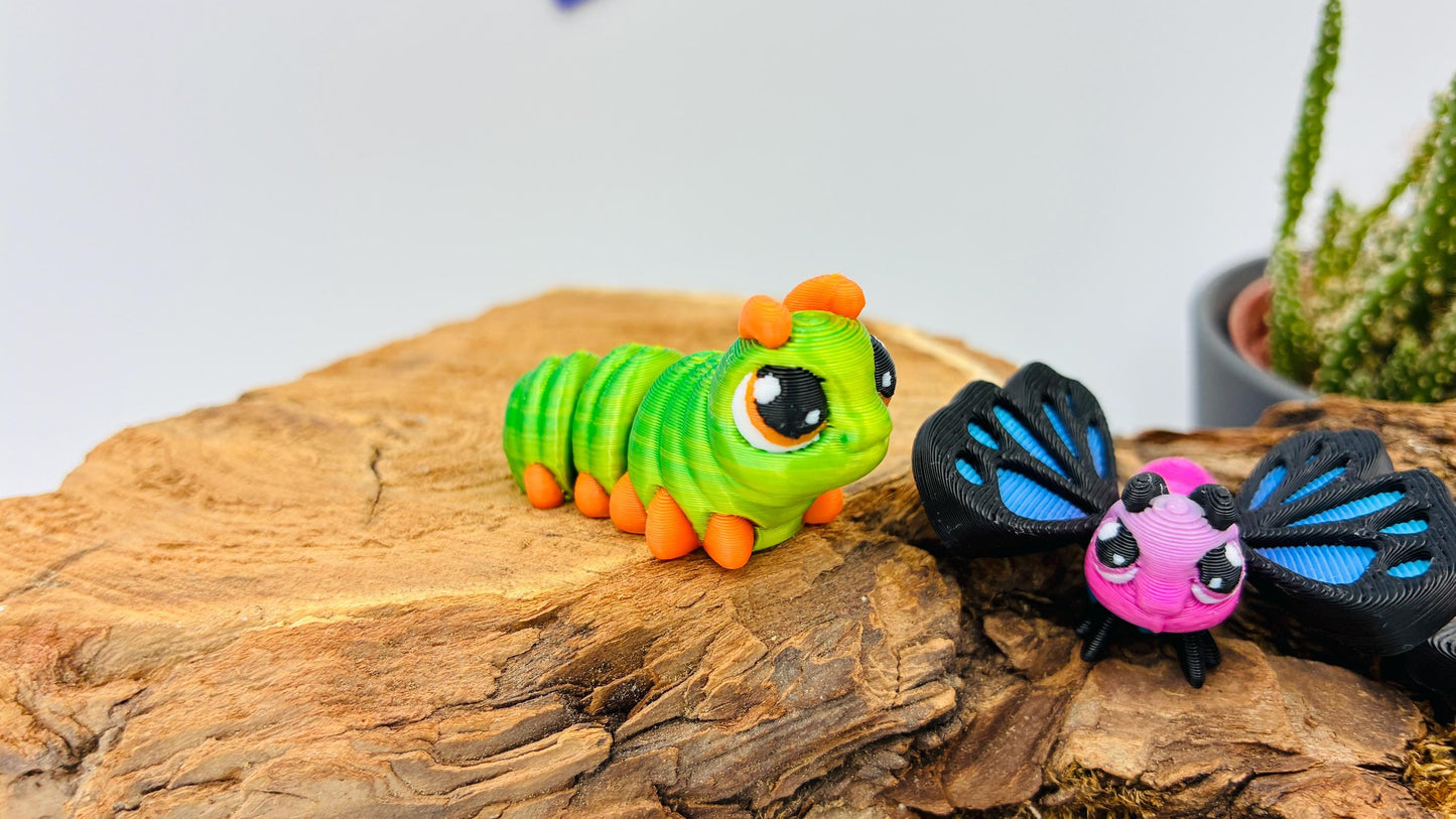 Bewegliche 3D-gedruckte Insekten (Raupe, Schmetterling, Marienkäfer)