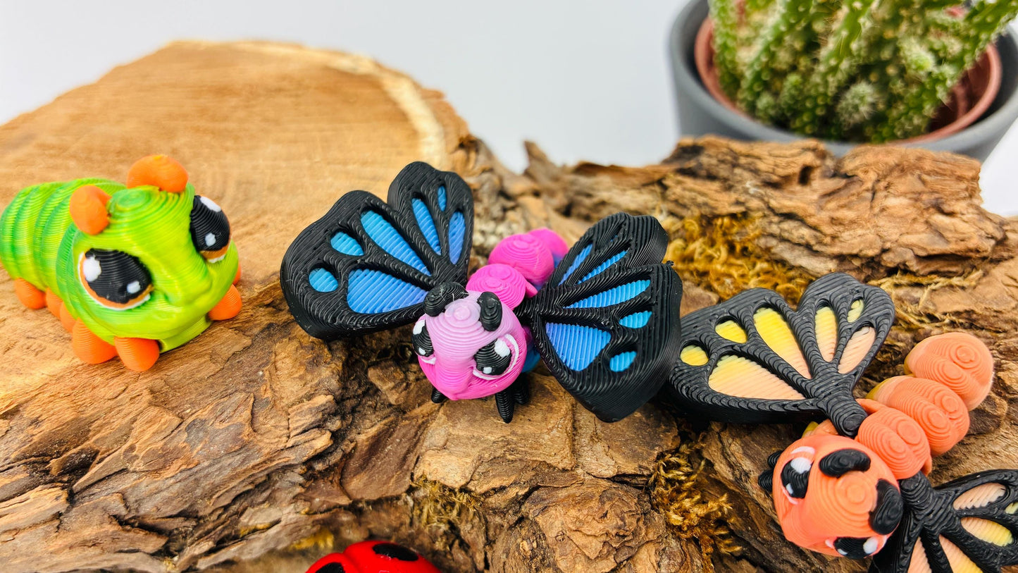 Bewegliche 3D-gedruckte Insekten (Raupe, Schmetterling, Marienkäfer)