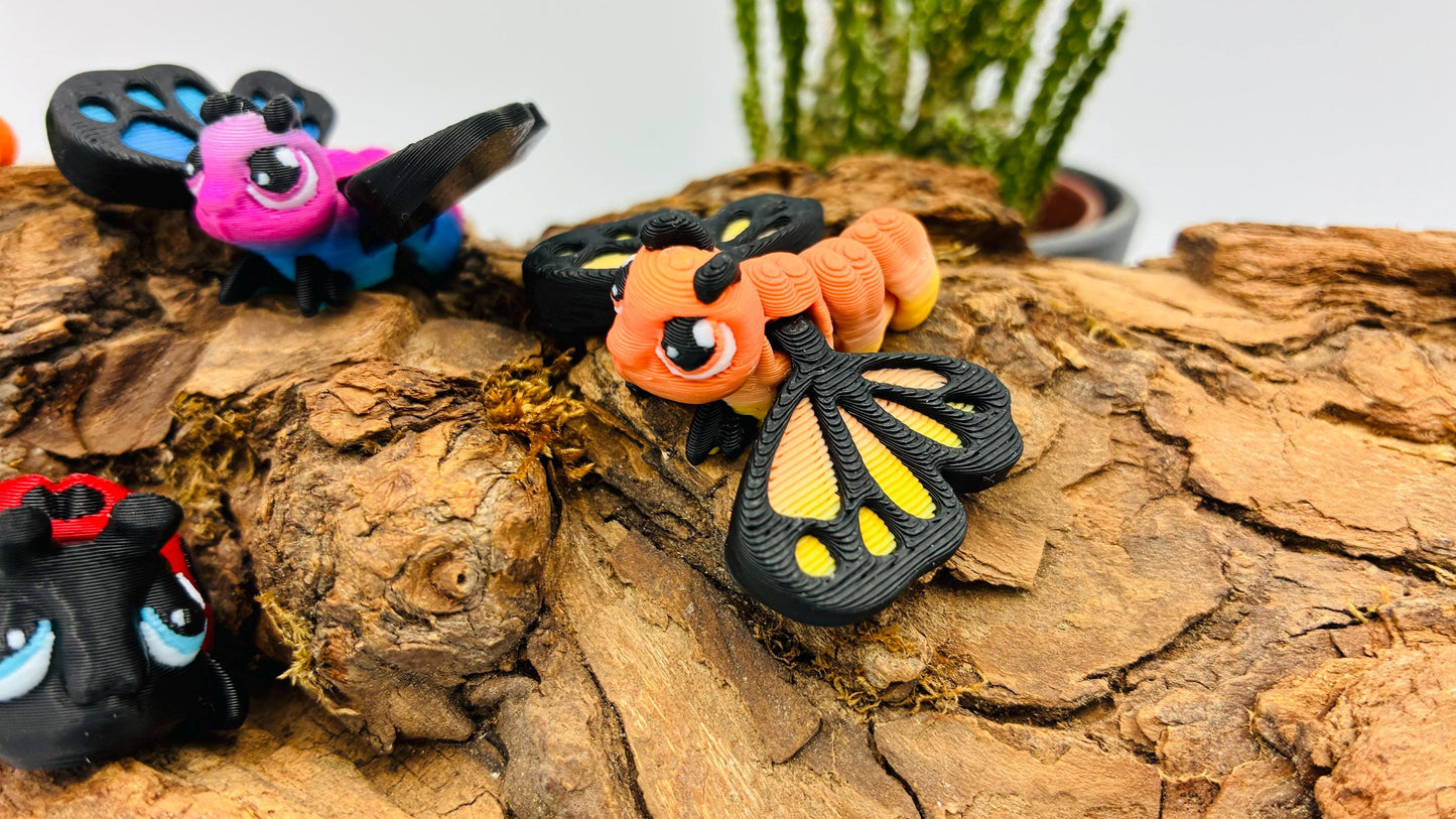 Bewegliche 3D-gedruckte Insekten (Raupe, Schmetterling, Marienkäfer)