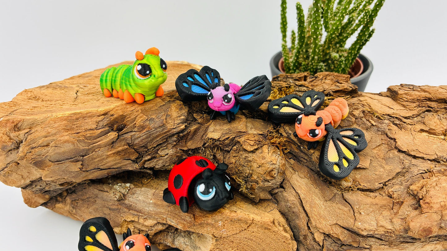 Bewegliche 3D-gedruckte Insekten (Raupe, Schmetterling, Marienkäfer)