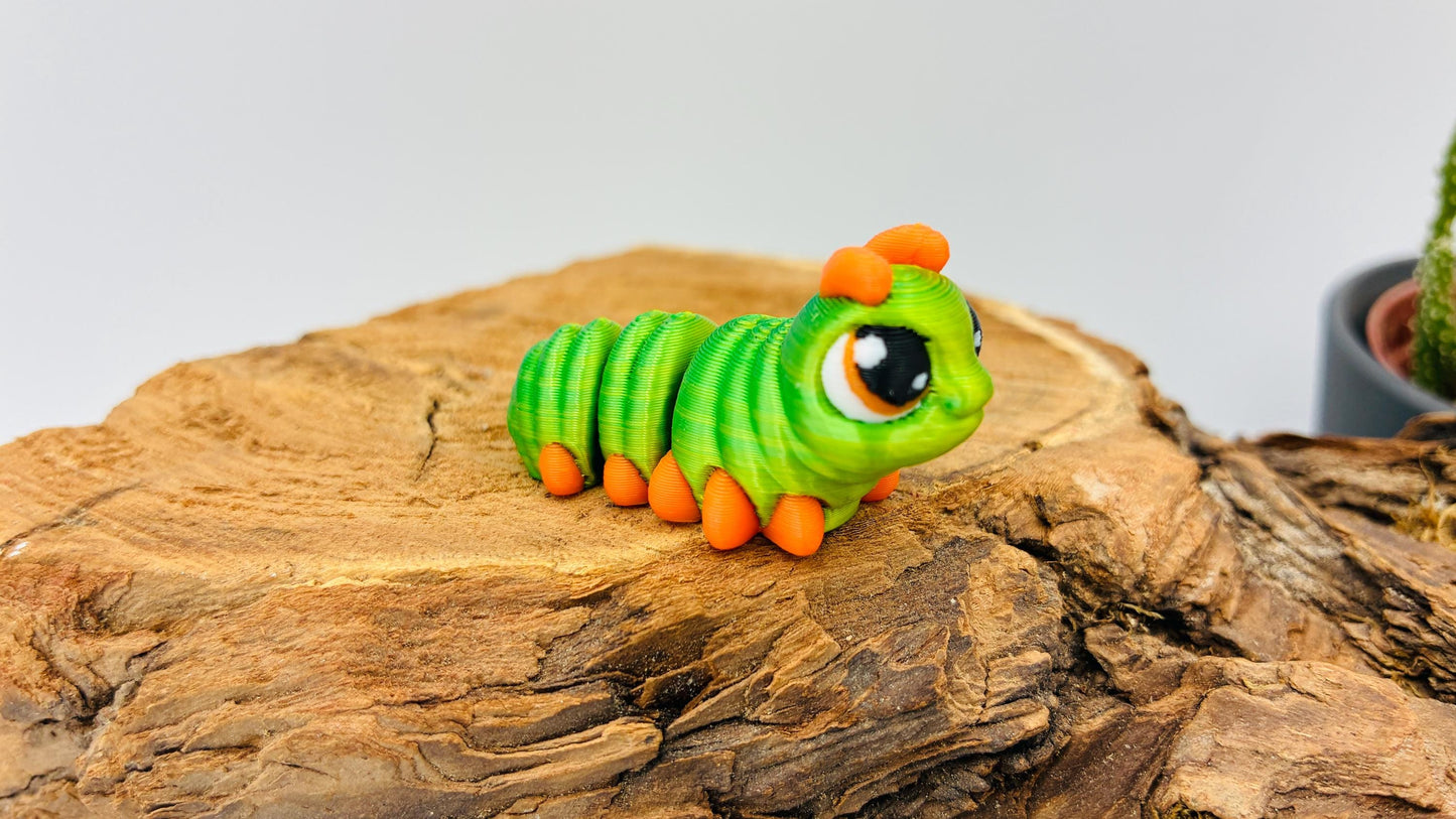 Bewegliche 3D-gedruckte Insekten (Raupe, Schmetterling, Marienkäfer)