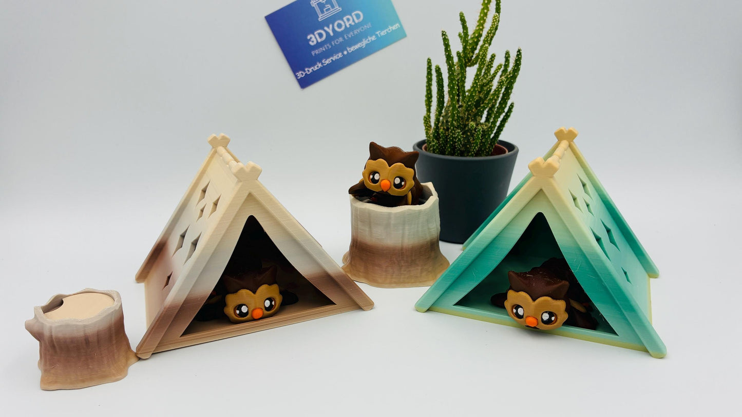 Bewegliche 3D gedruckte Baby Eule – optional als Schlüsselanhänger – mit Zelt oder Baumstumpf kombinierbar