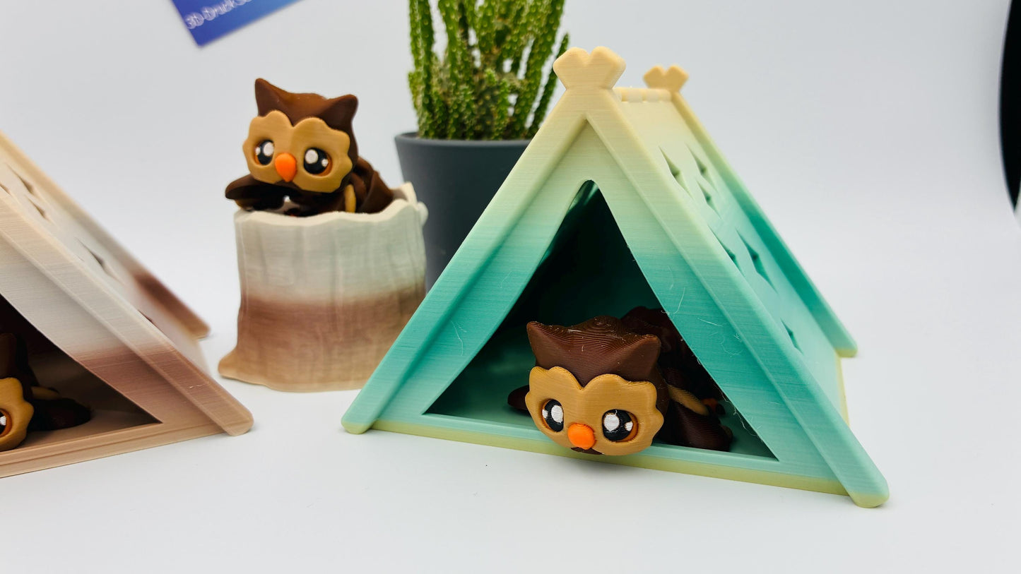 Bewegliche 3D gedruckte Baby Eule – optional als Schlüsselanhänger – mit Zelt oder Baumstumpf kombinierbar