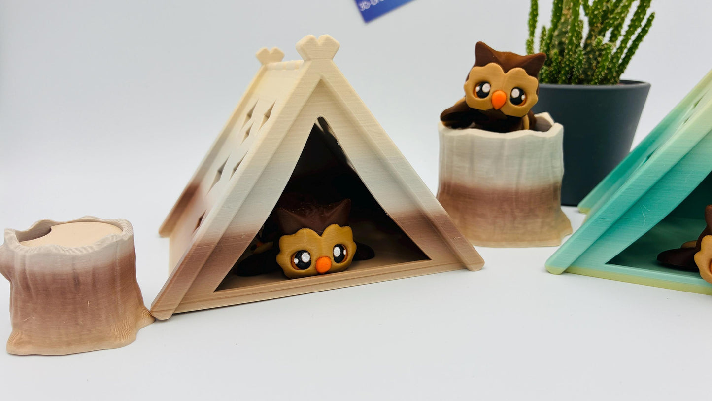 Bewegliche 3D gedruckte Baby Eule – optional als Schlüsselanhänger – mit Zelt oder Baumstumpf kombinierbar