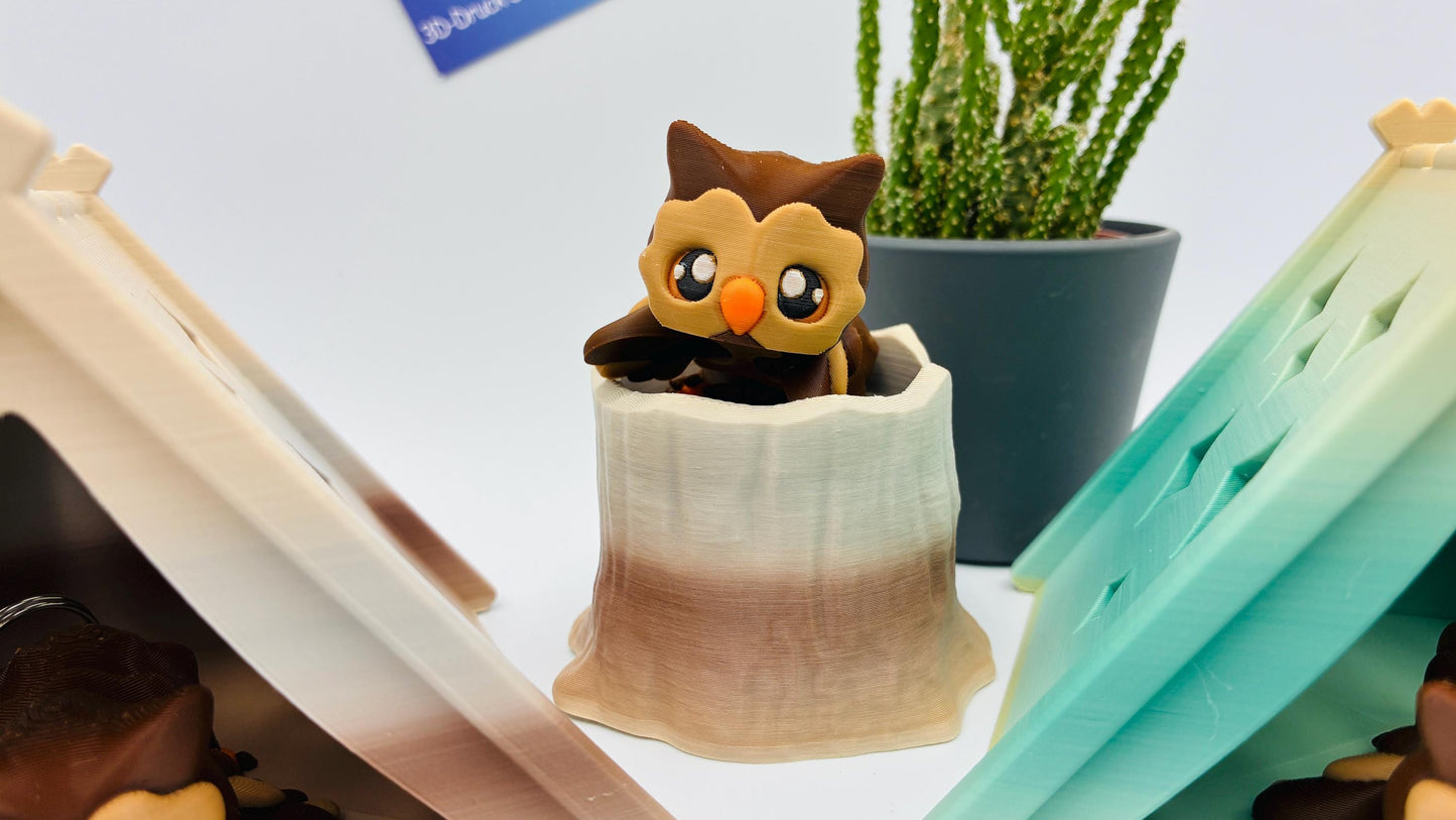 Bewegliche 3D gedruckte Baby Eule – optional als Schlüsselanhänger – mit Zelt oder Baumstumpf kombinierbar