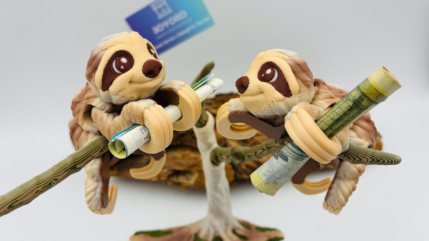1.) Bewegliches 3D Faultier Geldgeschenk – Originelle Geschenkidee zur Hochzeit, Geburtstag oder Taufe – Optional mit Baum