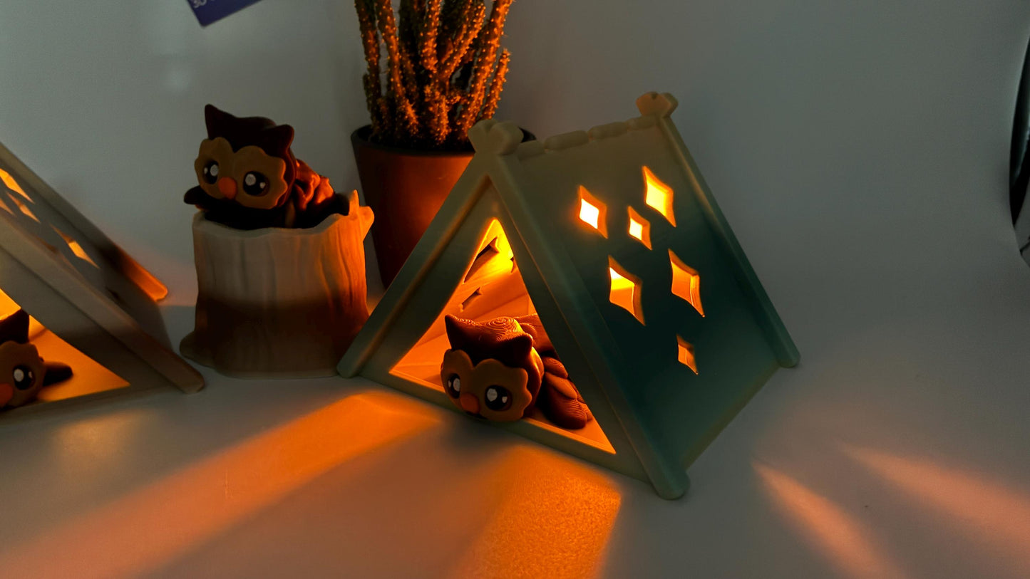 Bewegliche 3D gedruckte Baby Eule – optional als Schlüsselanhänger – mit Zelt oder Baumstumpf kombinierbar