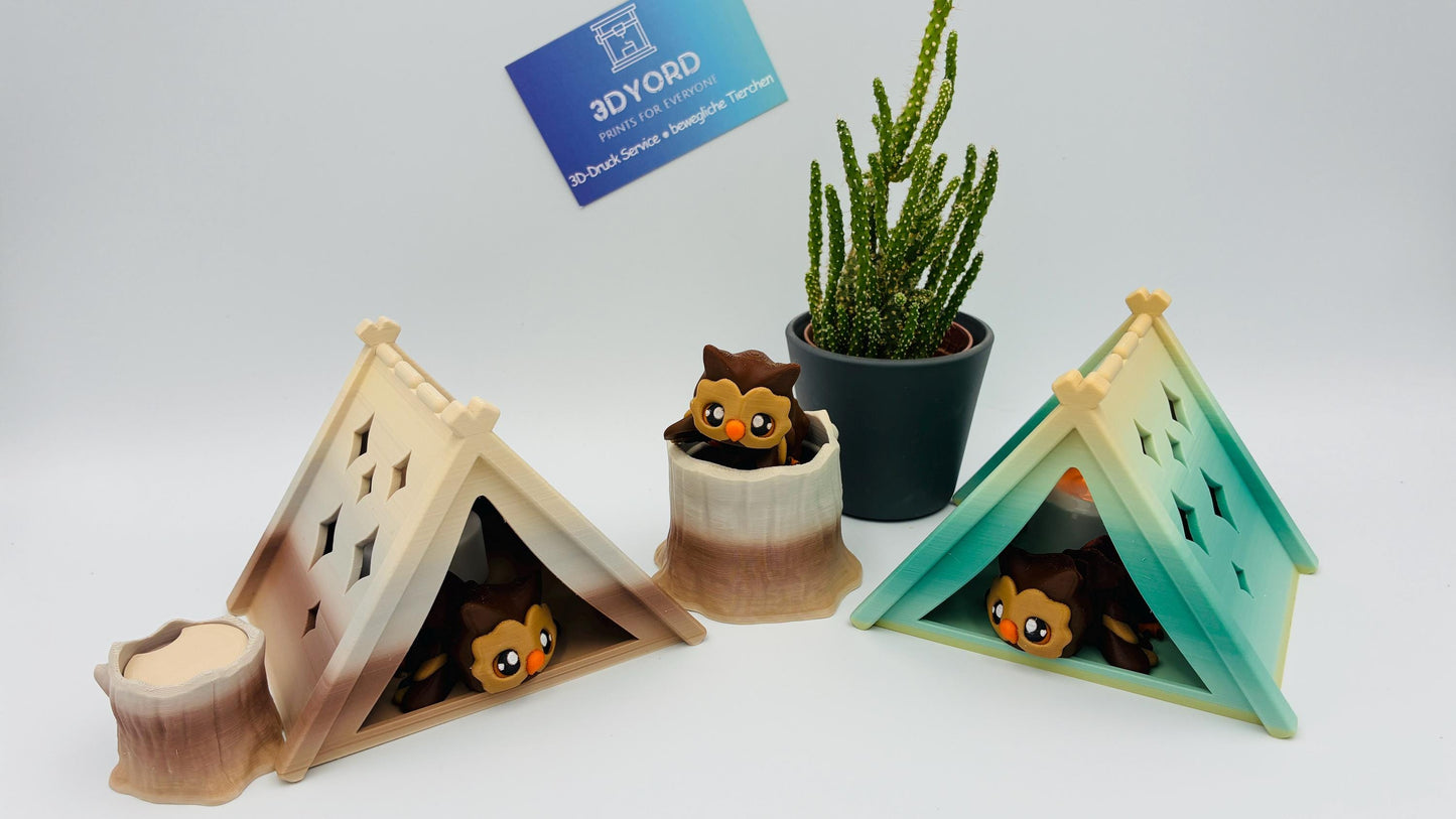 Bewegliche 3D gedruckte Baby Eule – optional als Schlüsselanhänger – mit Zelt oder Baumstumpf kombinierbar